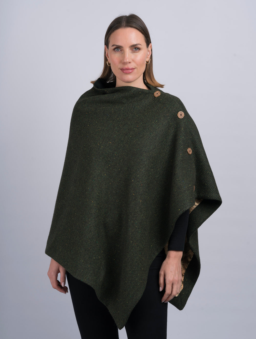 Women's Green Herringbone Tweed Wool Cape & Cloak
