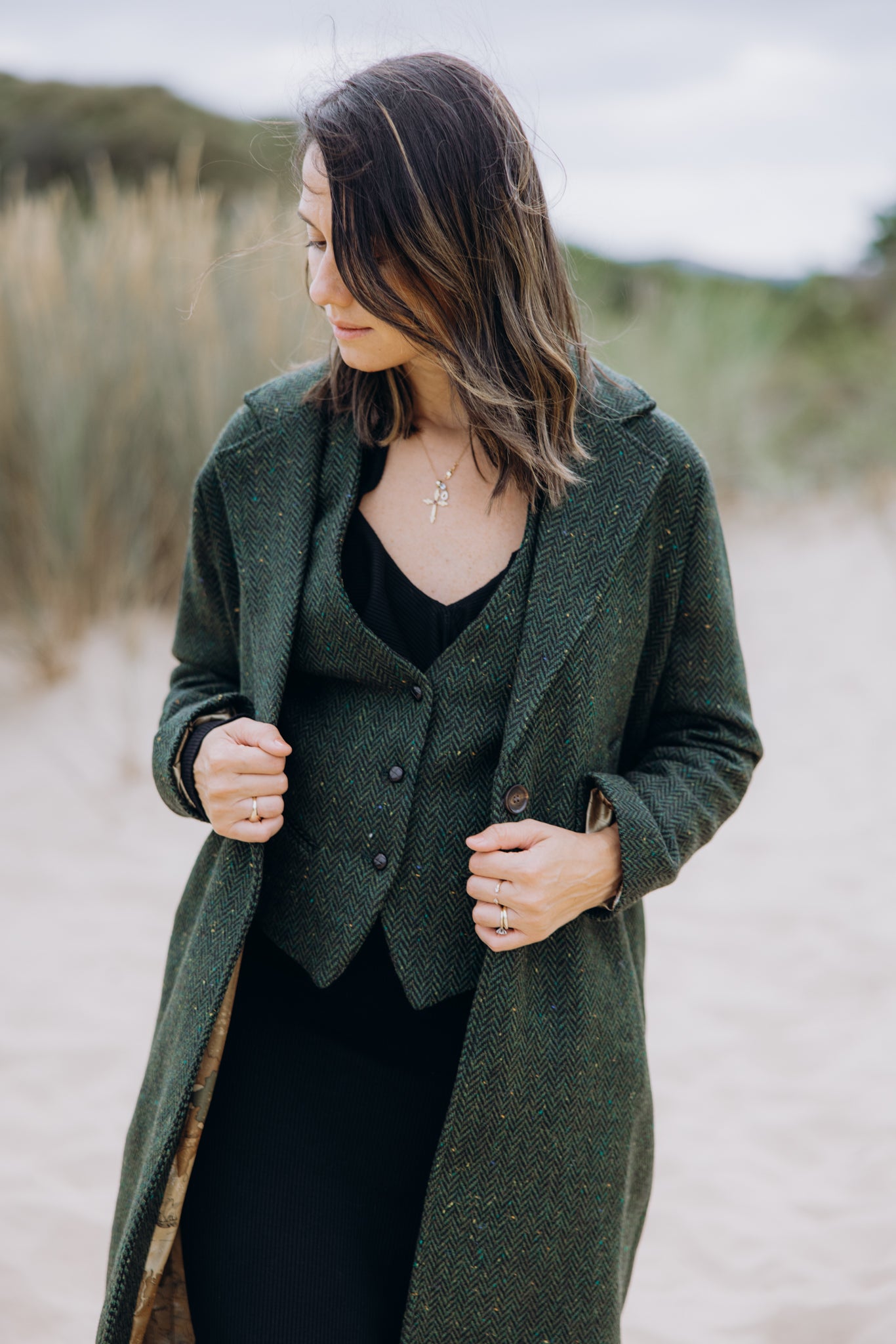 Green Herringbone Winter Coat | Luxury Women's Tweed City Coat