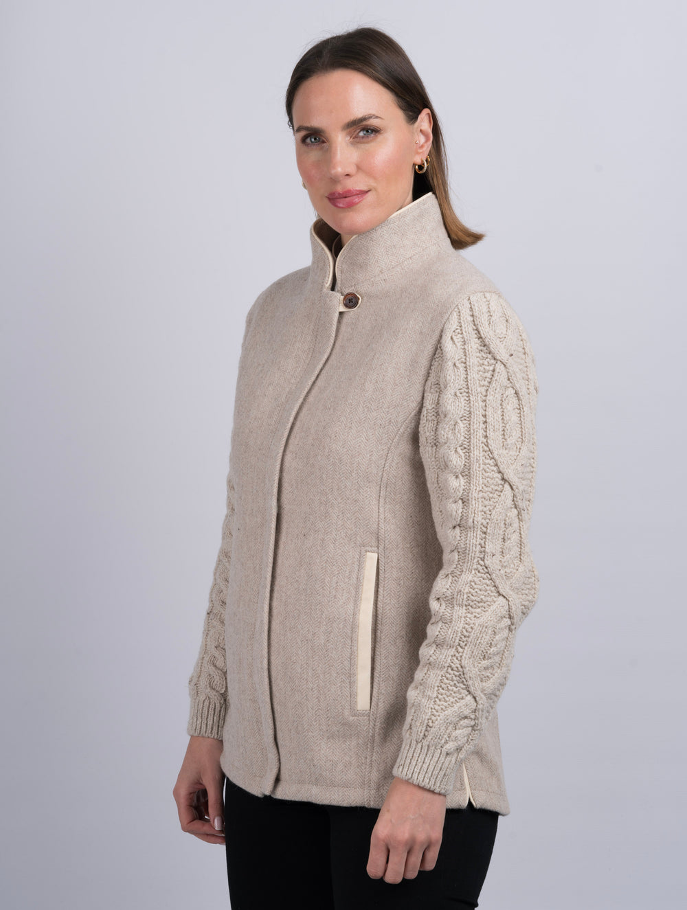 The Constance Alpaca Tweed Jacket With Natural Cable Knit Sleeve