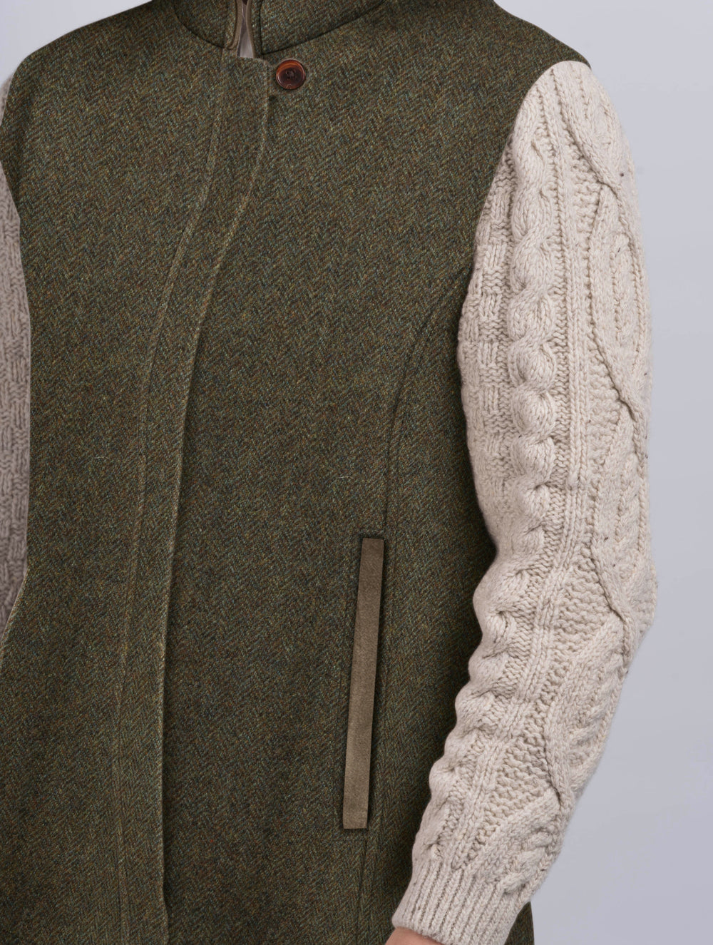 The Constance Moss Green Tweed Jacket With Natural Cable Knit Sleeve