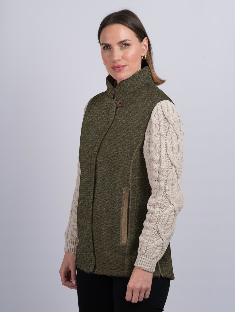 The Constance Moss Green Tweed Jacket With Natural Cable Knit Sleeve