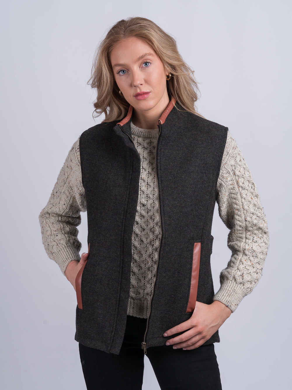 Women's Light Green Gilet with Leather Trim