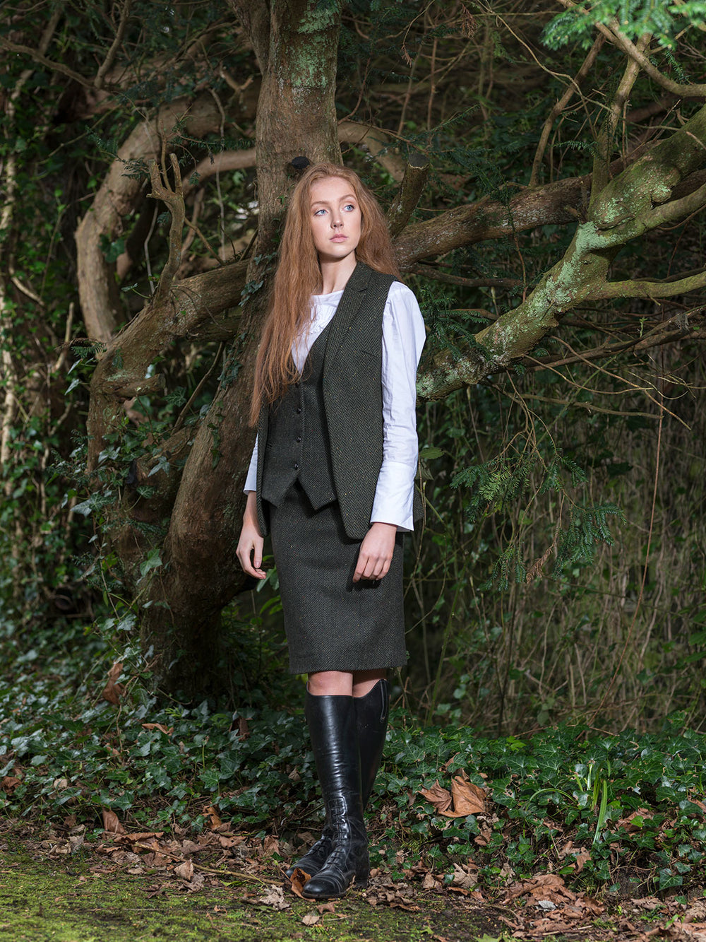 Green Knee Length Tweed Skirt