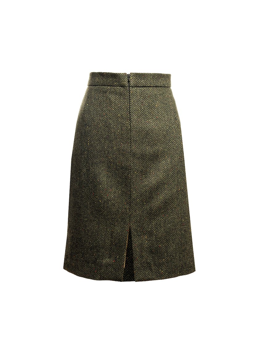 Green Knee Length Tweed Skirt