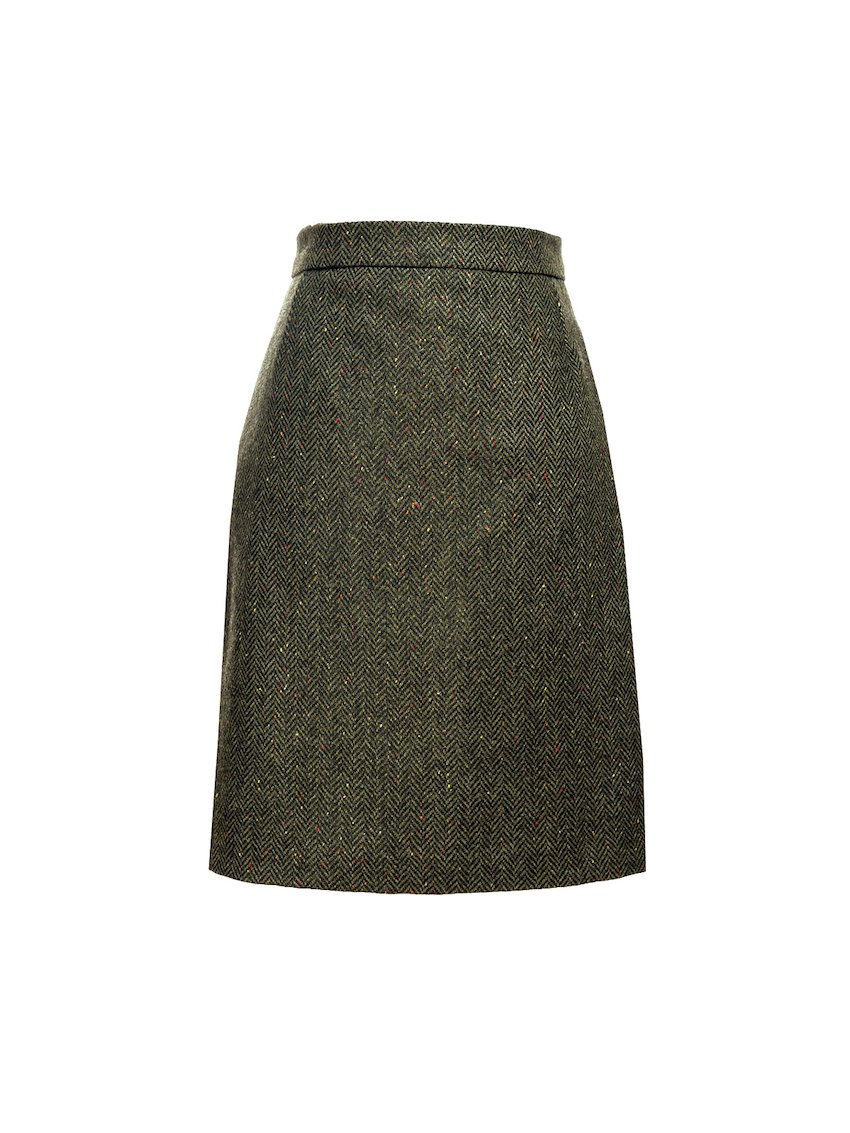 Green Knee Length Tweed Skirt