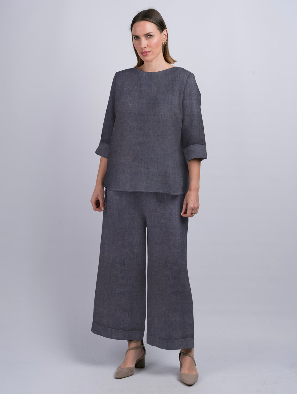 Women's Pleat Back Denim Linen Top