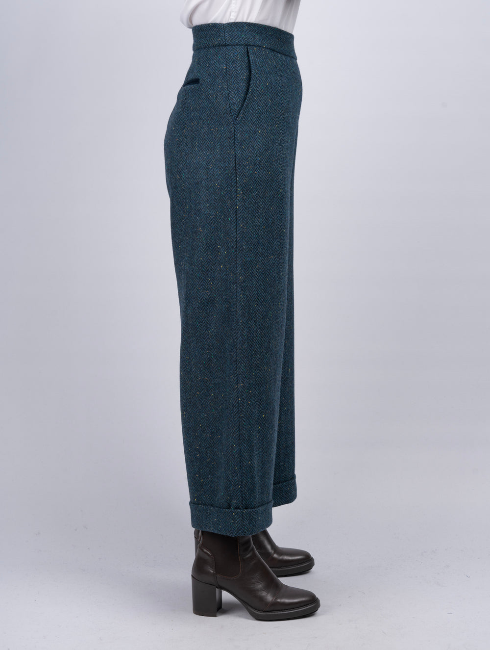Women's Blue Herringbone Tweed Trousers & Pants
