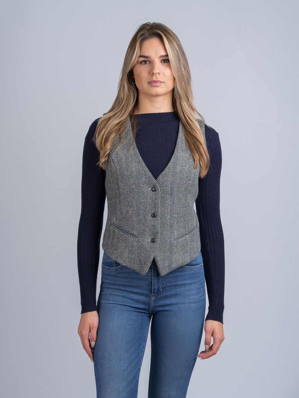 Gilet de chasse en tweed gris – Gilet de luxe pour femme Tweed