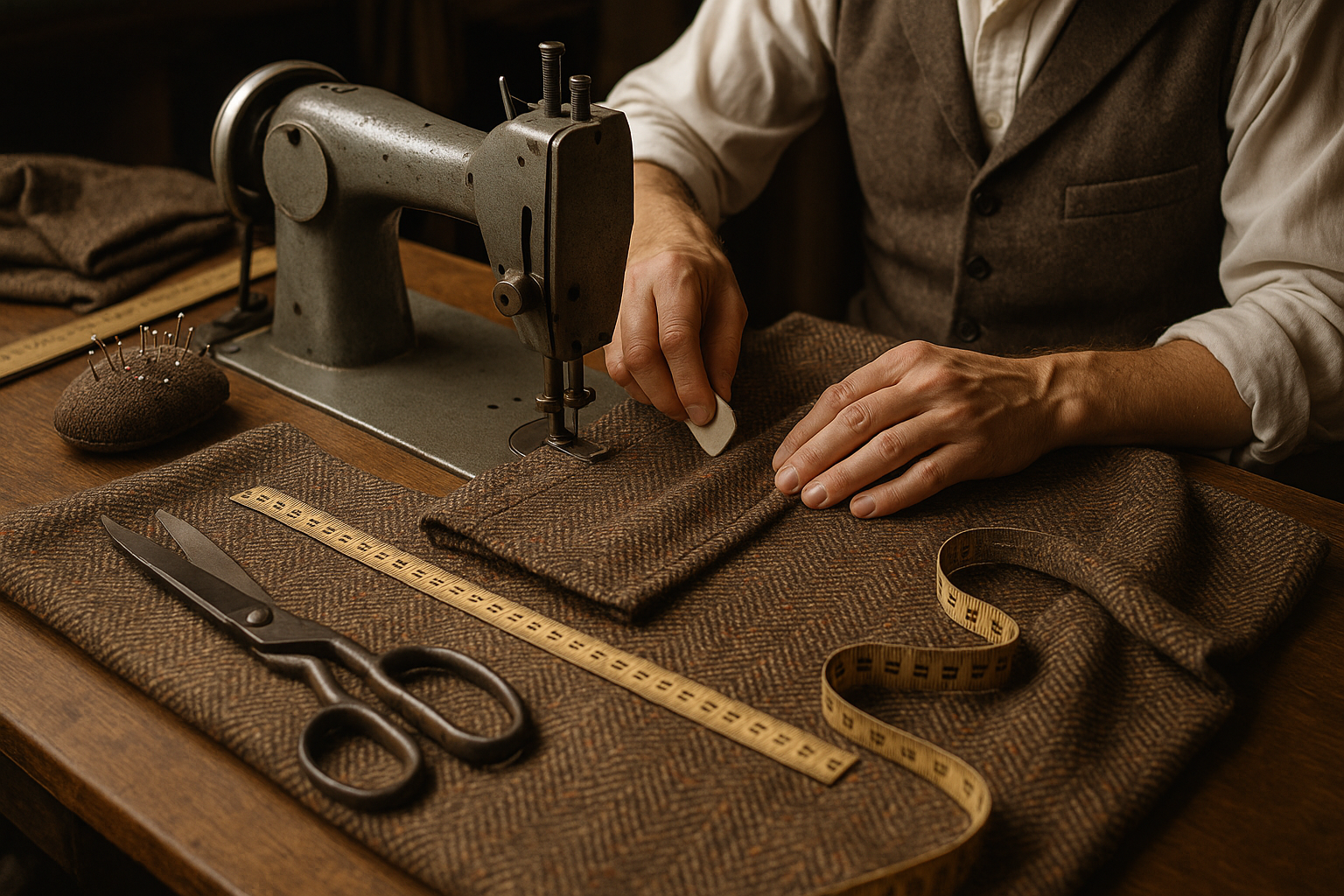Man in tailoring room making tweed suits with sewing machine - only can see machinery and hands