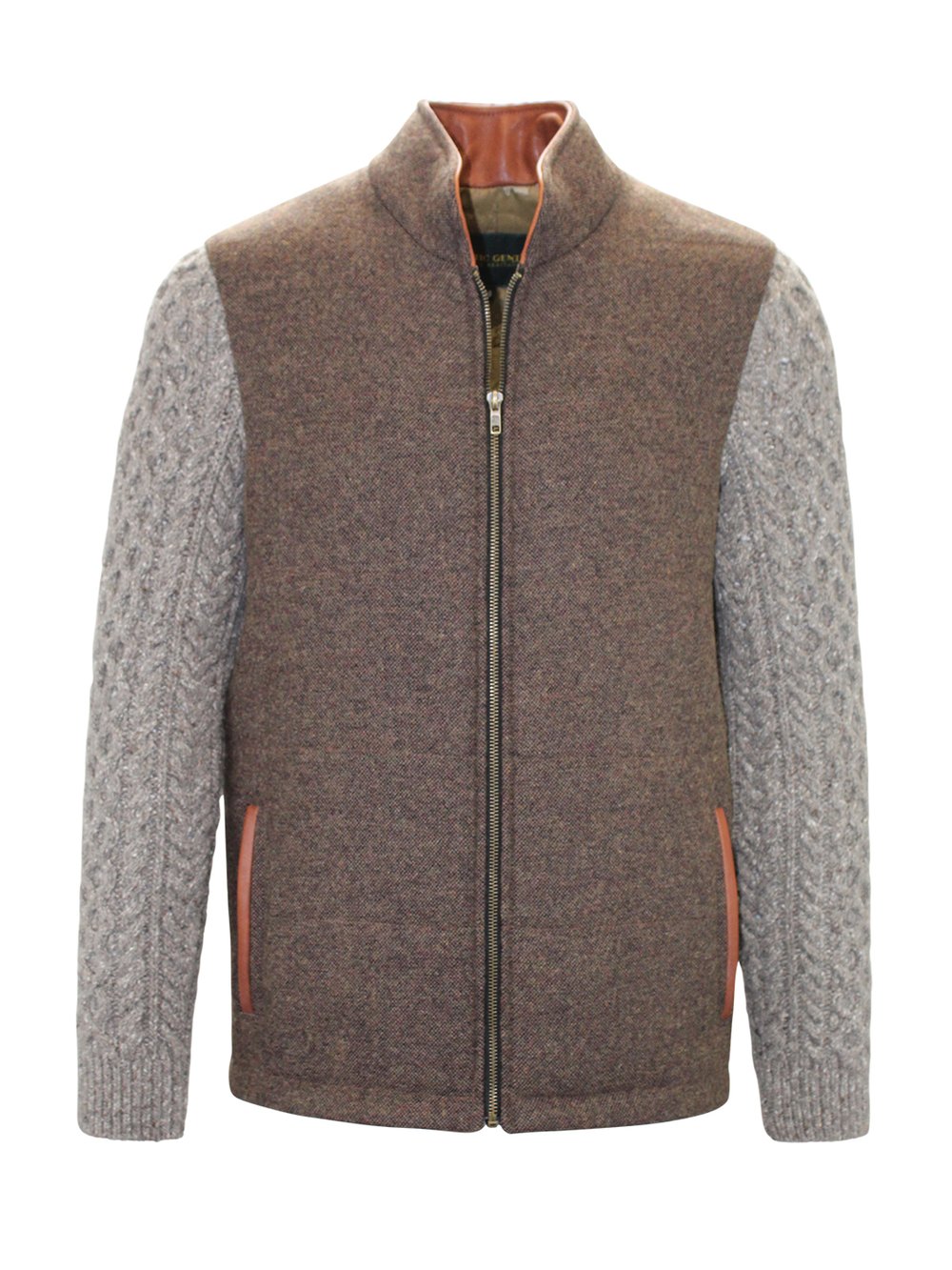 Mid Brown Shackleton Jacket with Rocky Road Cable Knit Sleeve
