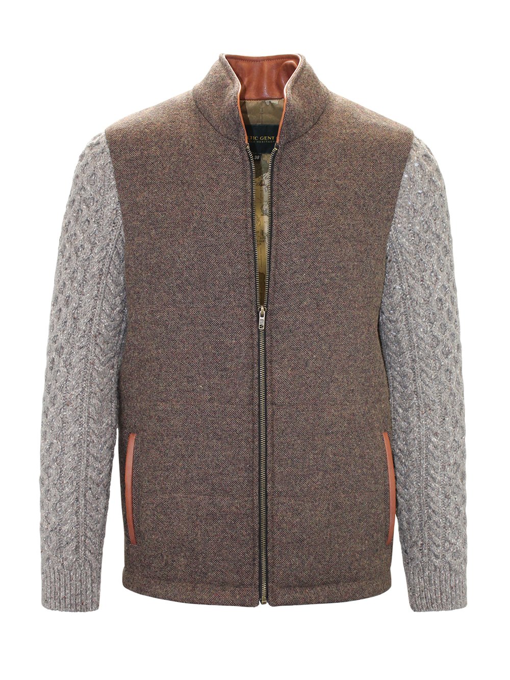 Mid Brown Shackleton Jacket with Rocky Road Cable Knit Sleeve
