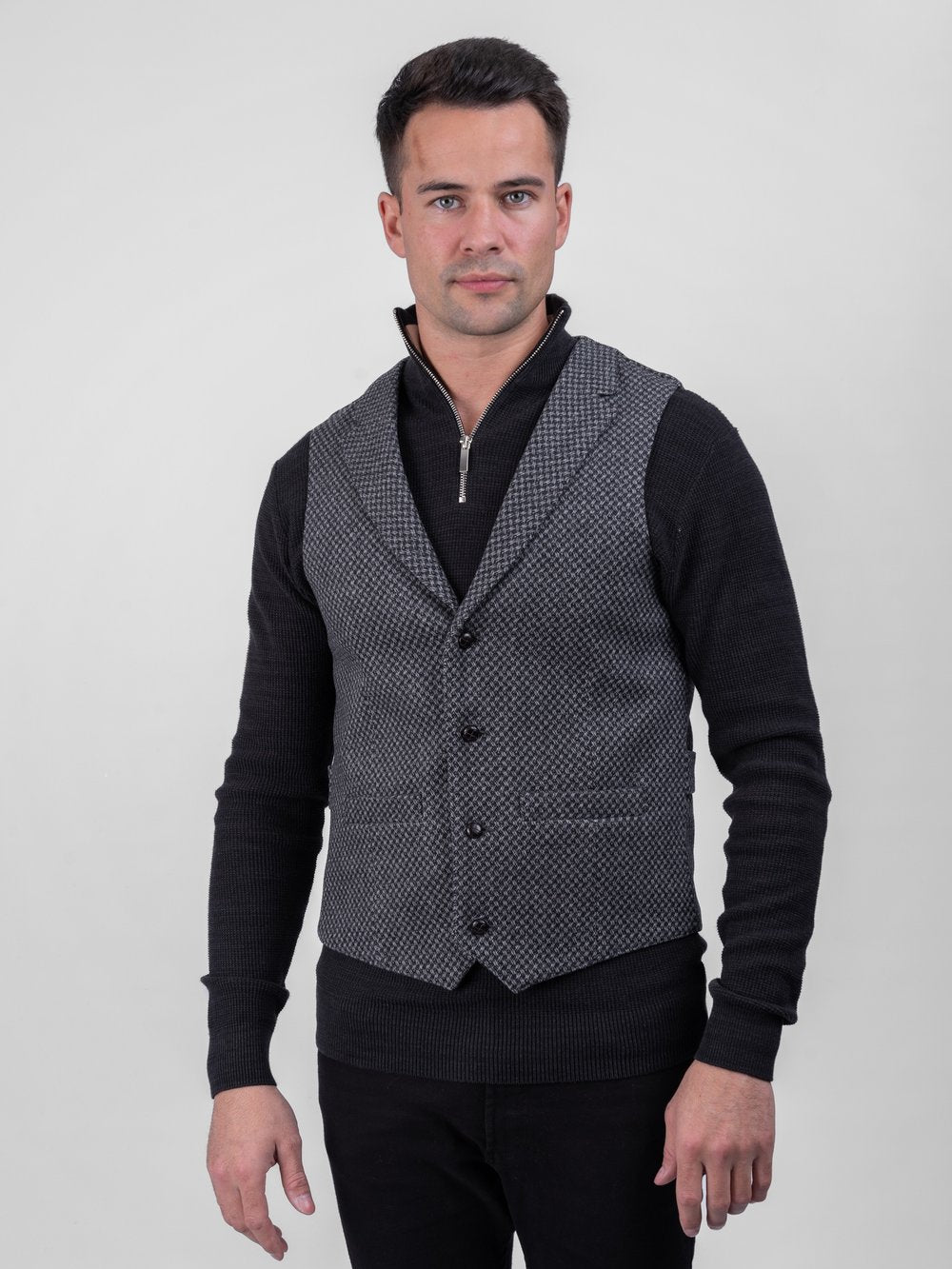 Griffin Dark Grey Diamond Pattern Tweed Waistcoat with Revere
