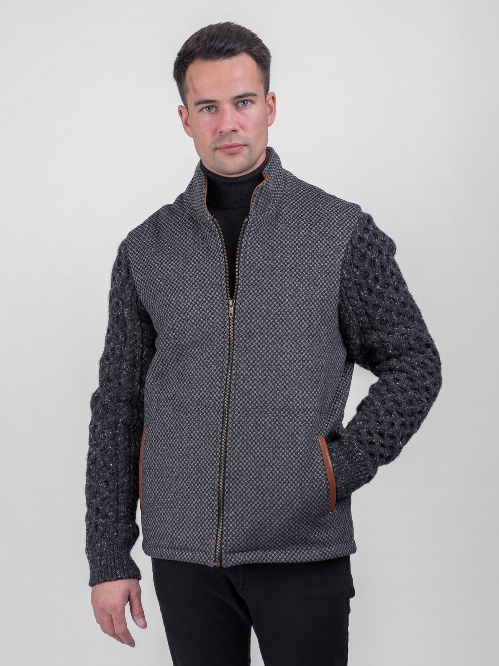 Veste Shackleton grise à diamants avec manches en tricot torsadé anthracite