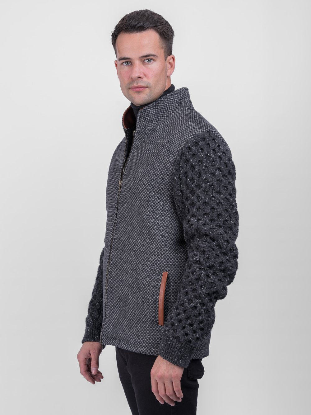 Veste Shackleton grise à diamants avec manches en tricot torsadé anthracite