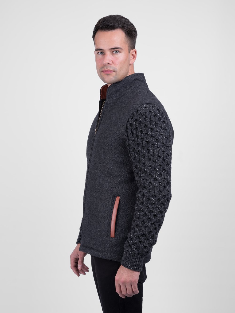 Grey Shackleton Jacket with Charcoal Cable Knit Sleeve