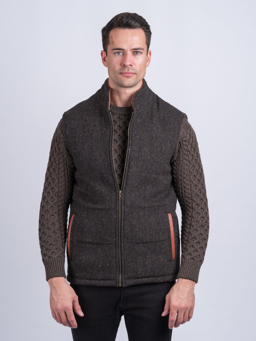 Brown Tweed Bodywarmer with Leather Trims