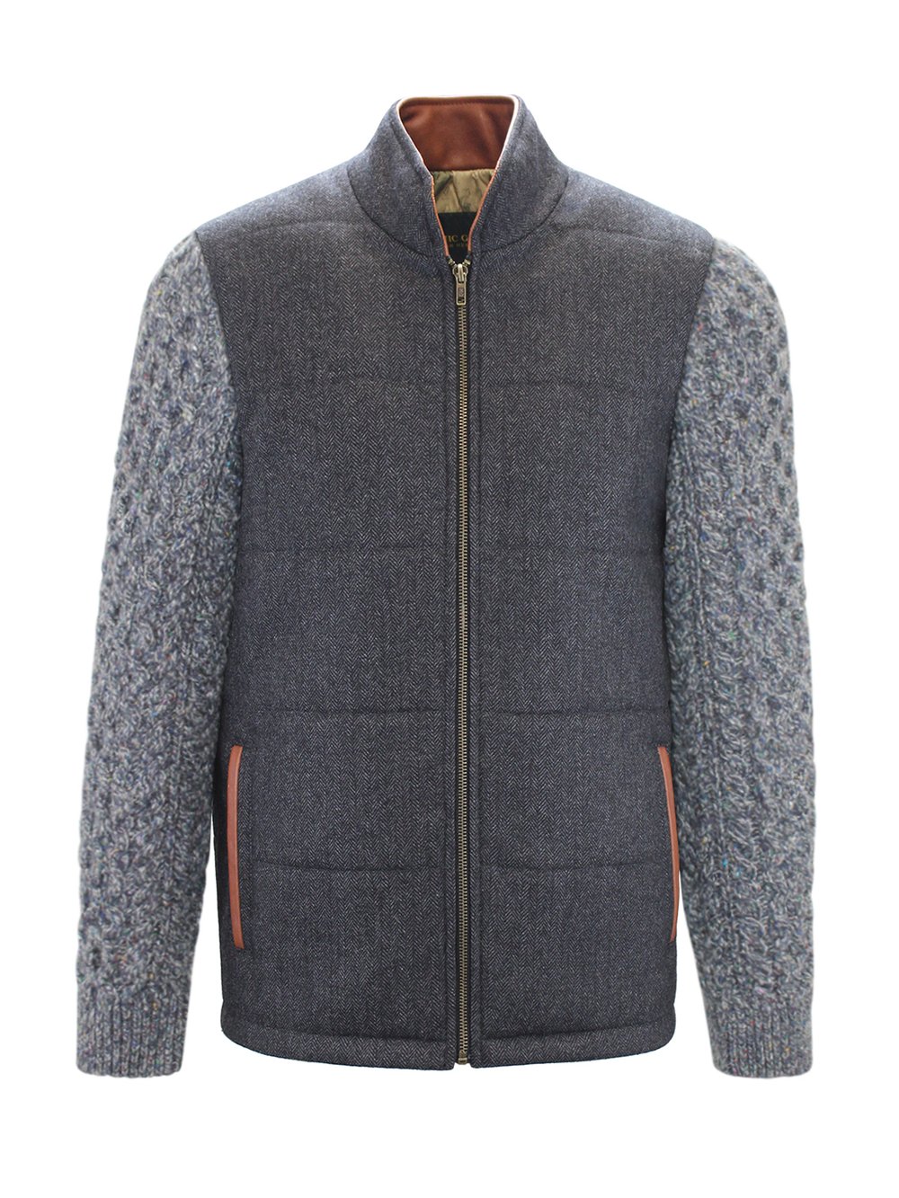 Veste Shackleton grise avec manches en tricot torsadé bleu marine chiné