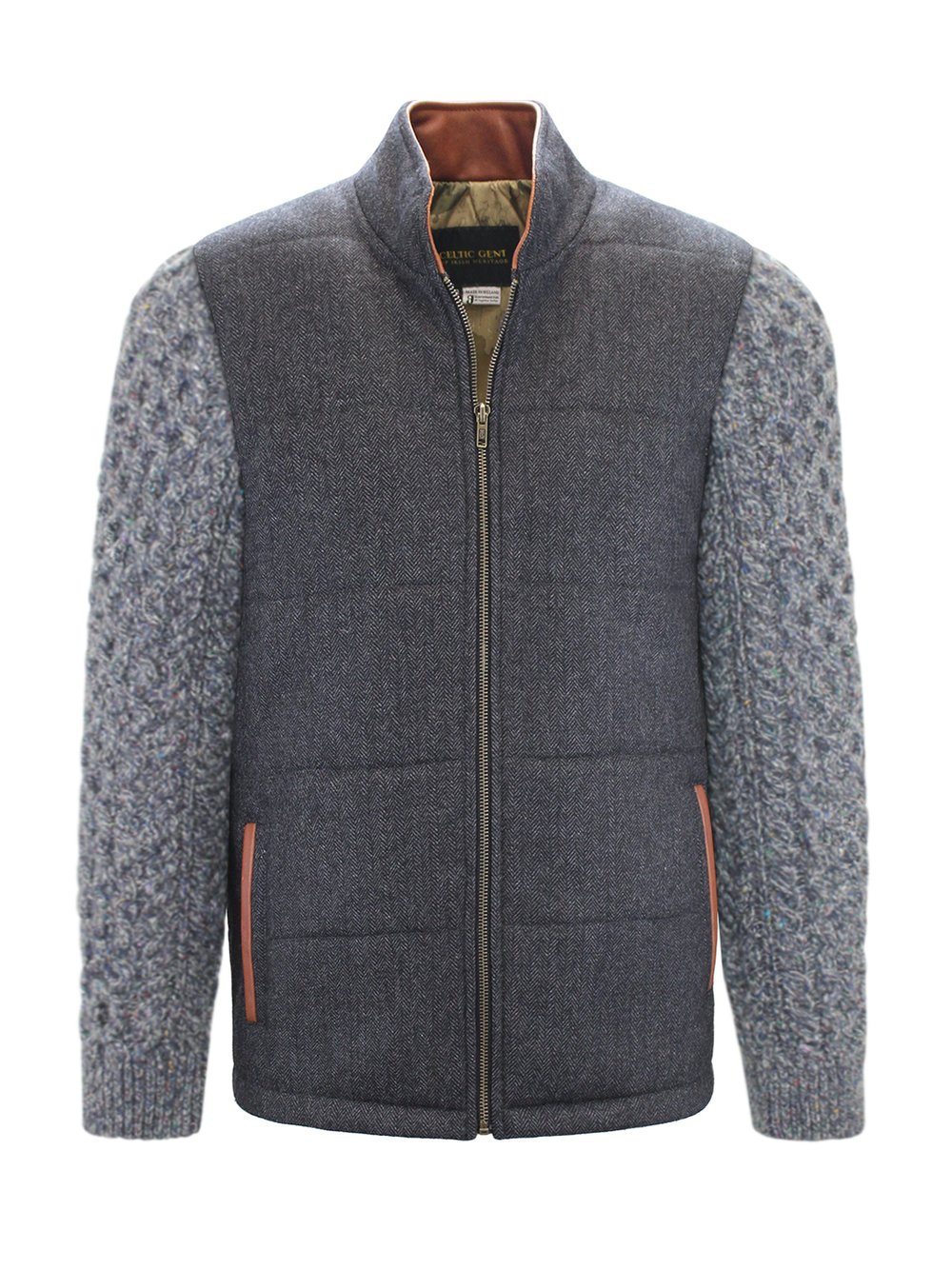 Veste Shackleton grise avec manches en tricot torsadé bleu marine chiné