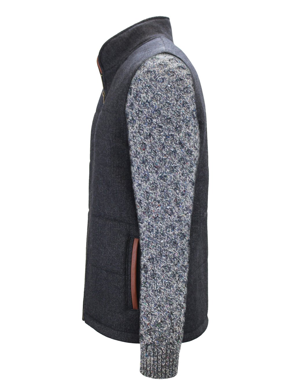 Veste Shackleton grise avec manches en tricot torsadé bleu marine chiné