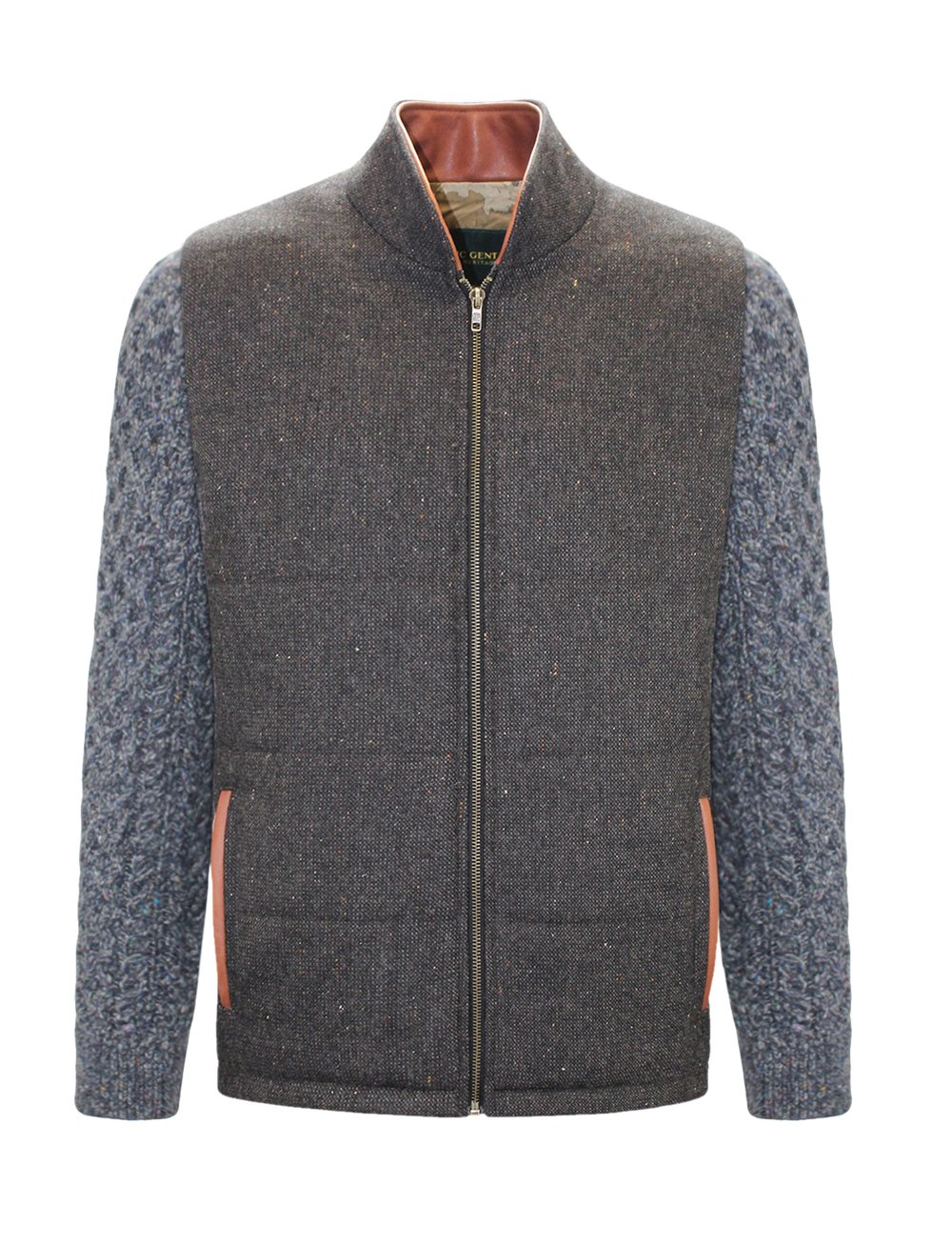 Braune Shackleton-Jacke mit marineblau melierten Zopfmuster-Ärmeln