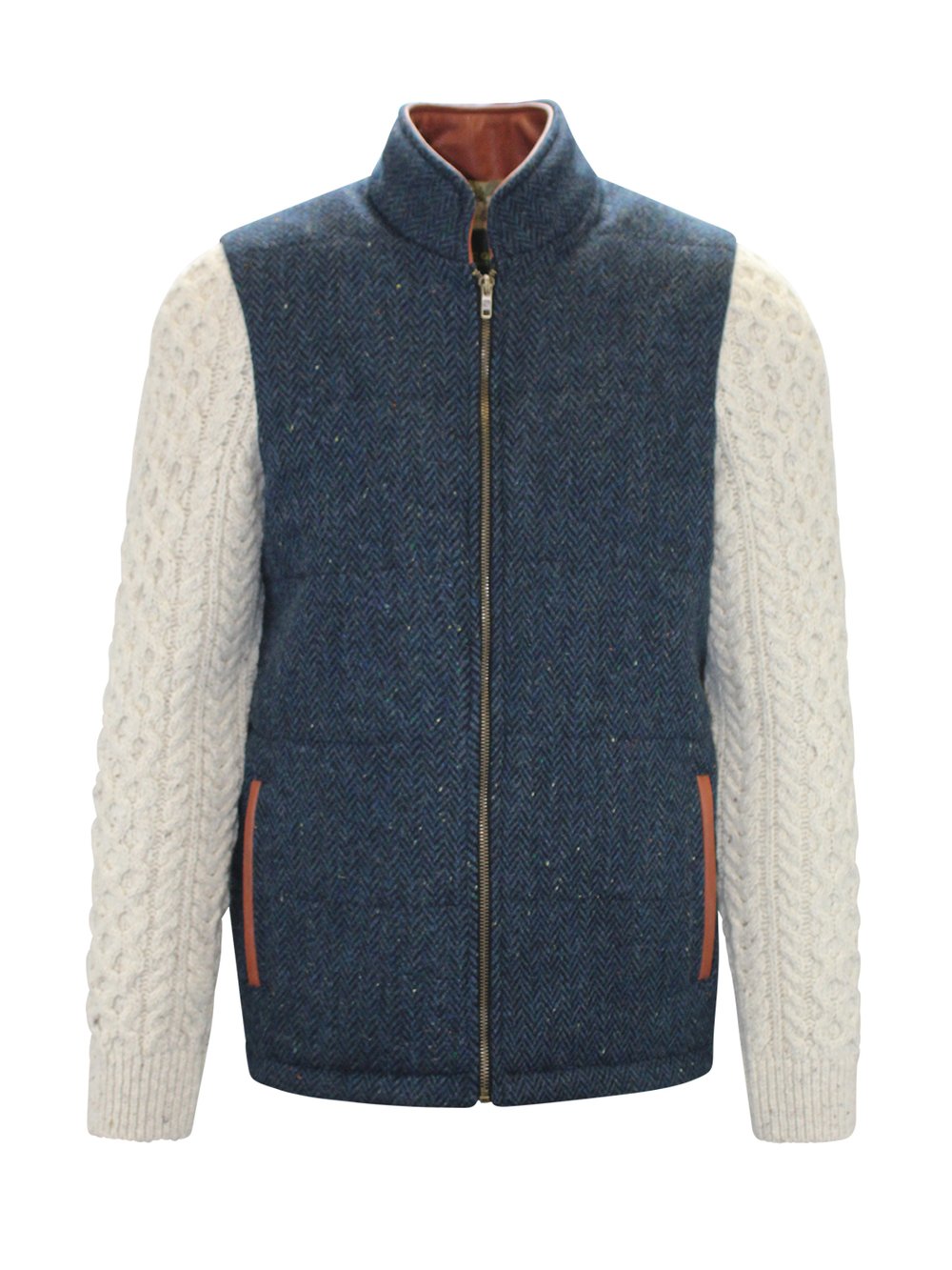 Blaue Shackleton-Jacke mit Fischgrätenmuster und natürlichen Zopfmuster-Ärmeln