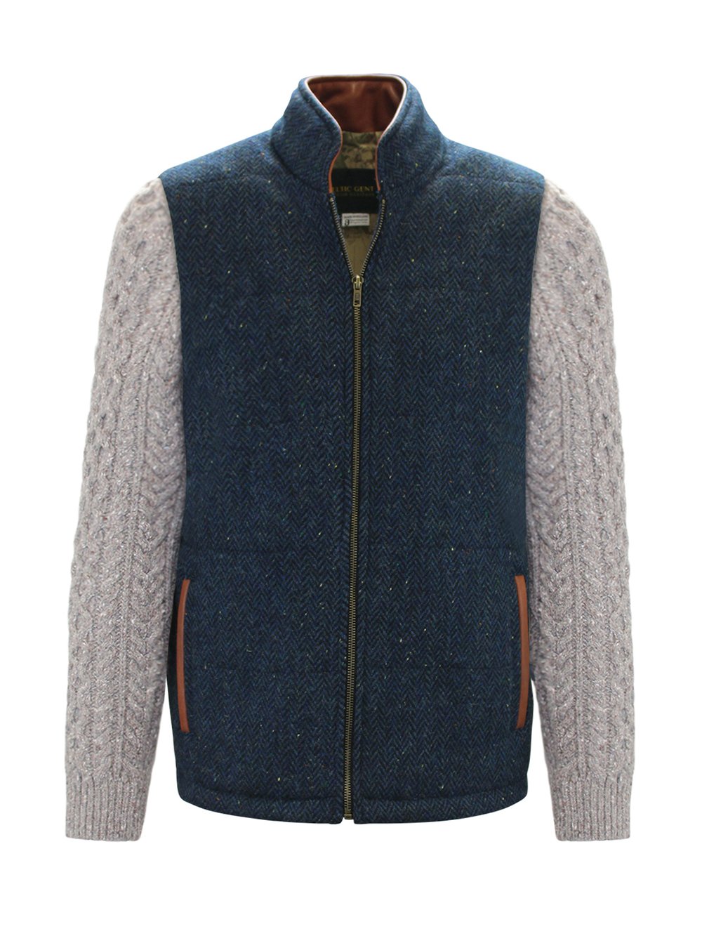 Blue Herringbone Shackleton Jacket with Rocky Road Cable Knit Sleeve
