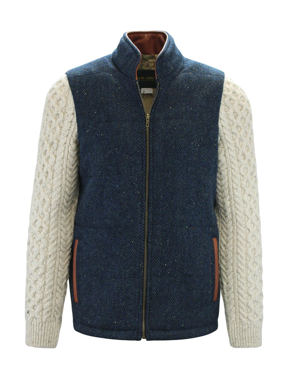 Blaue Shackleton-Jacke mit Fischgrätenmuster und natürlichen Zopfmuster-Ärmeln