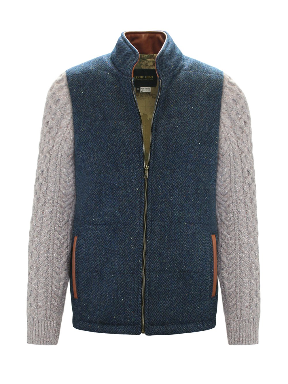 Blue Herringbone Shackleton Jacket with Rocky Road Cable Knit Sleeve