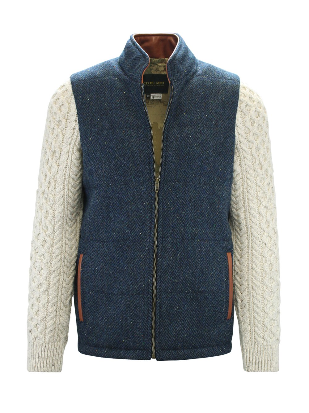 Blaue Shackleton-Jacke mit Fischgrätenmuster und natürlichen Zopfmuster-Ärmeln