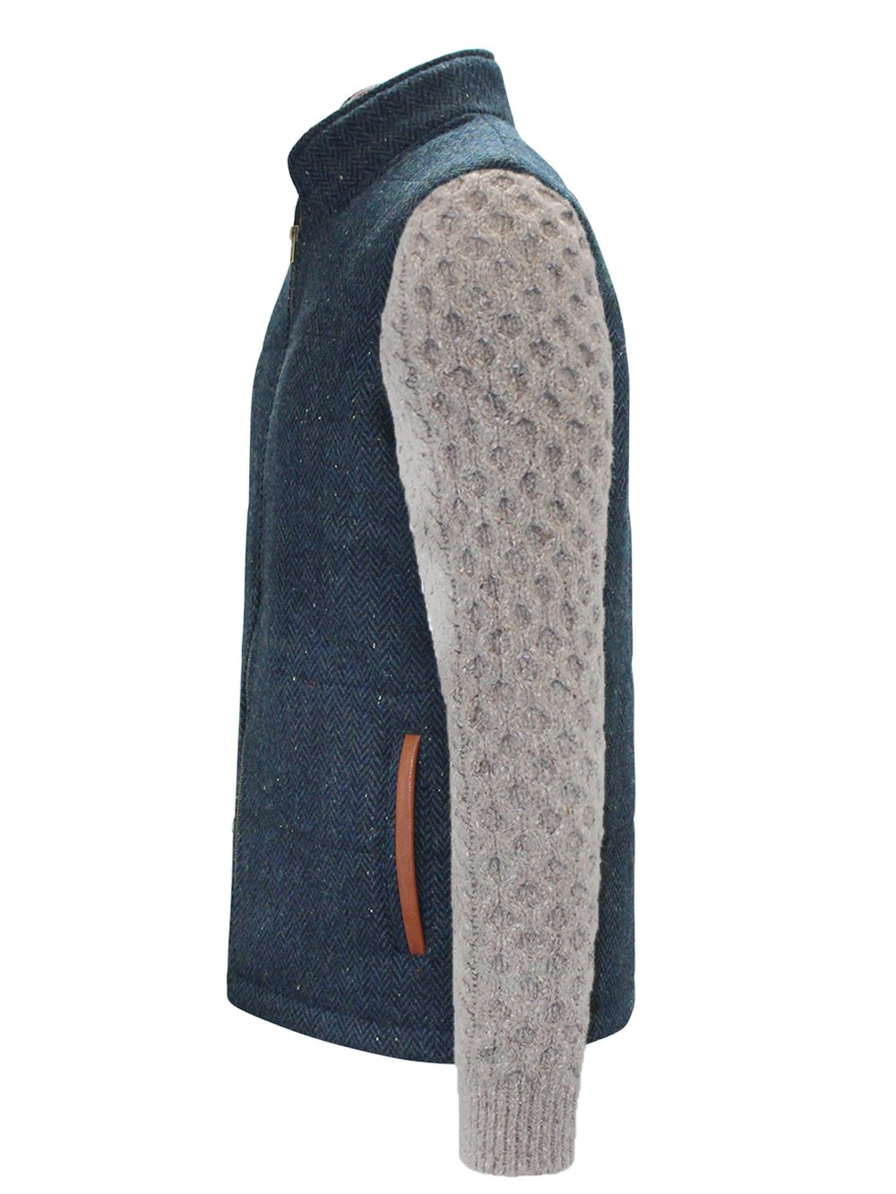 Blue Herringbone Shackleton Jacket with Rocky Road Cable Knit Sleeve