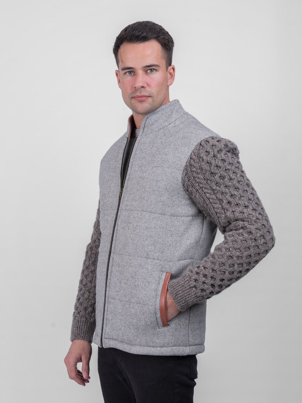 Light Grey Jacket with Rocky Road Cable Knit Sleeve
