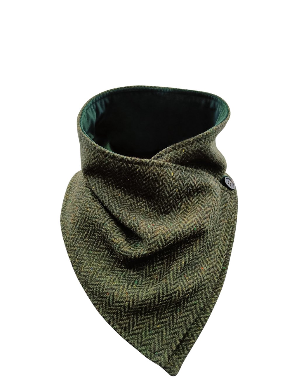 Green Herringbone Tweed Snood Scarf with Reversible Velvet
