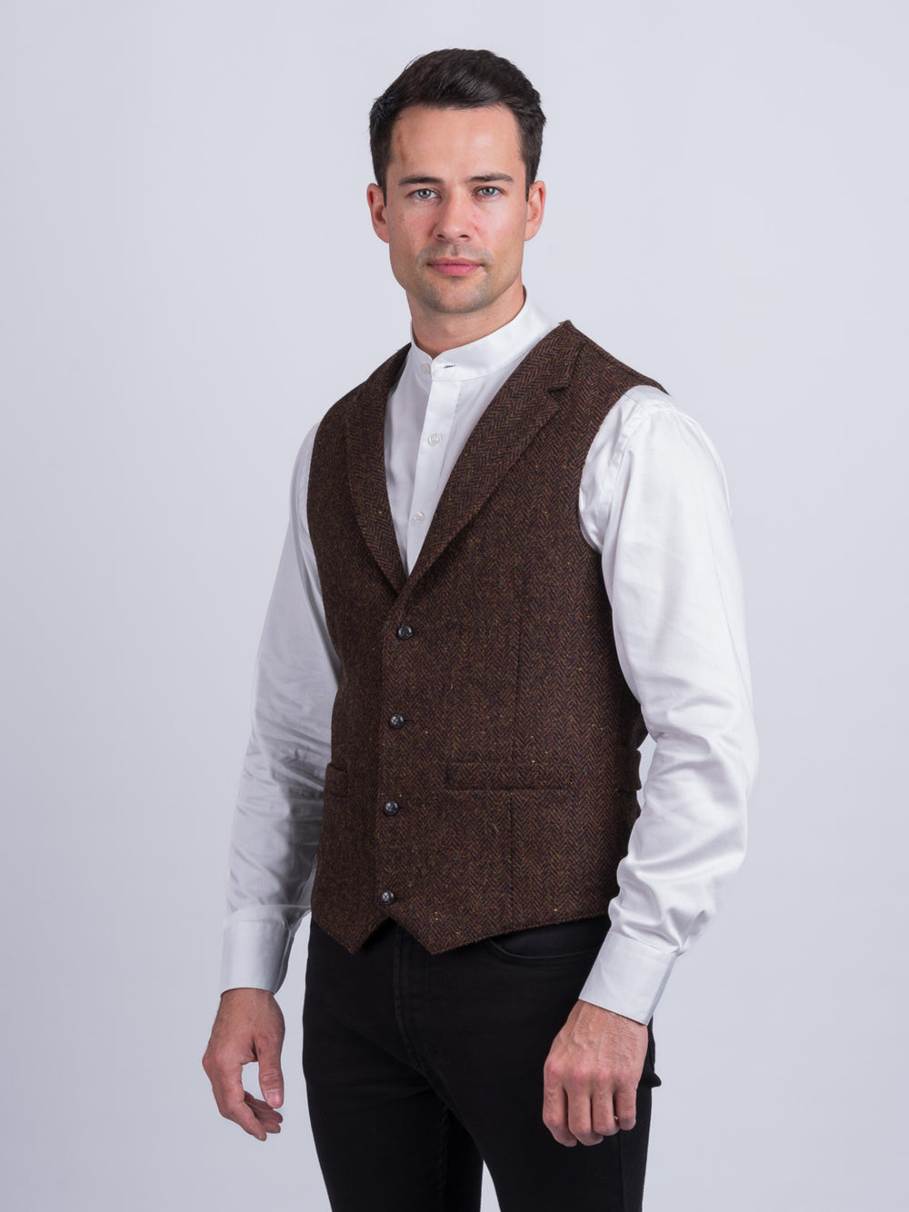 Brown Herringbone Tweed Waistcoat & Vest With Revere