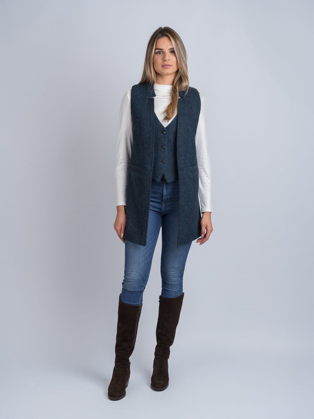 Long Blue Herringbone Gilet with Pockets