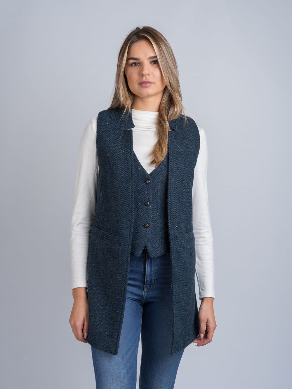 Long Blue Herringbone Gilet with Pockets