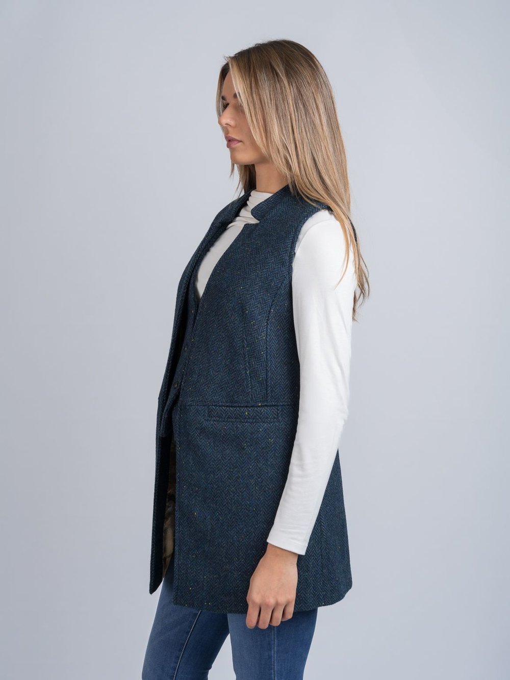 Long Blue Herringbone Gilet with Pockets