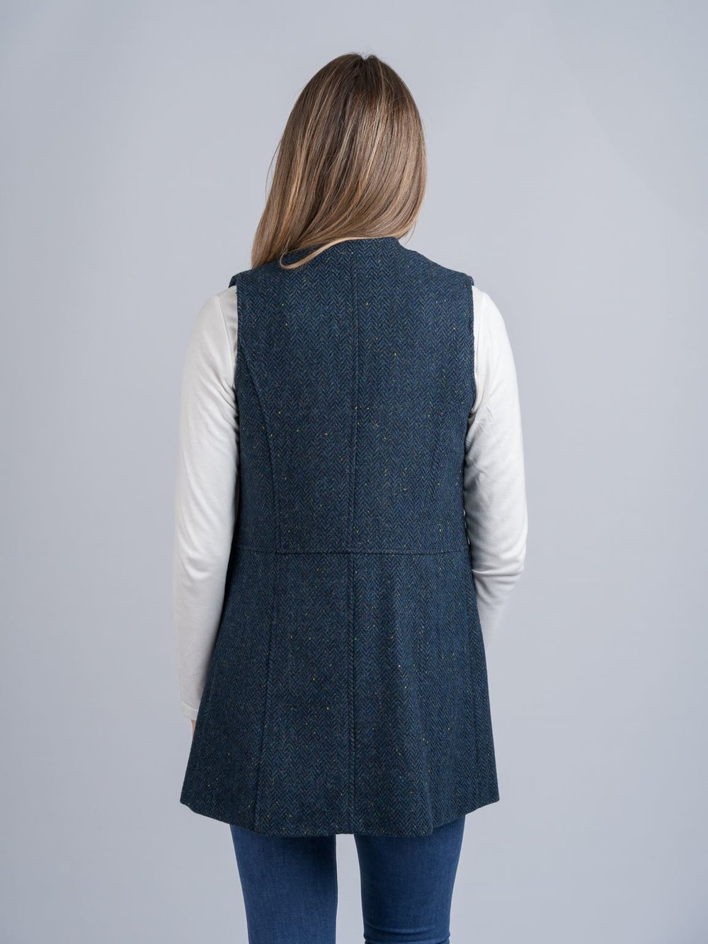 Long Blue Herringbone Gilet with Pockets