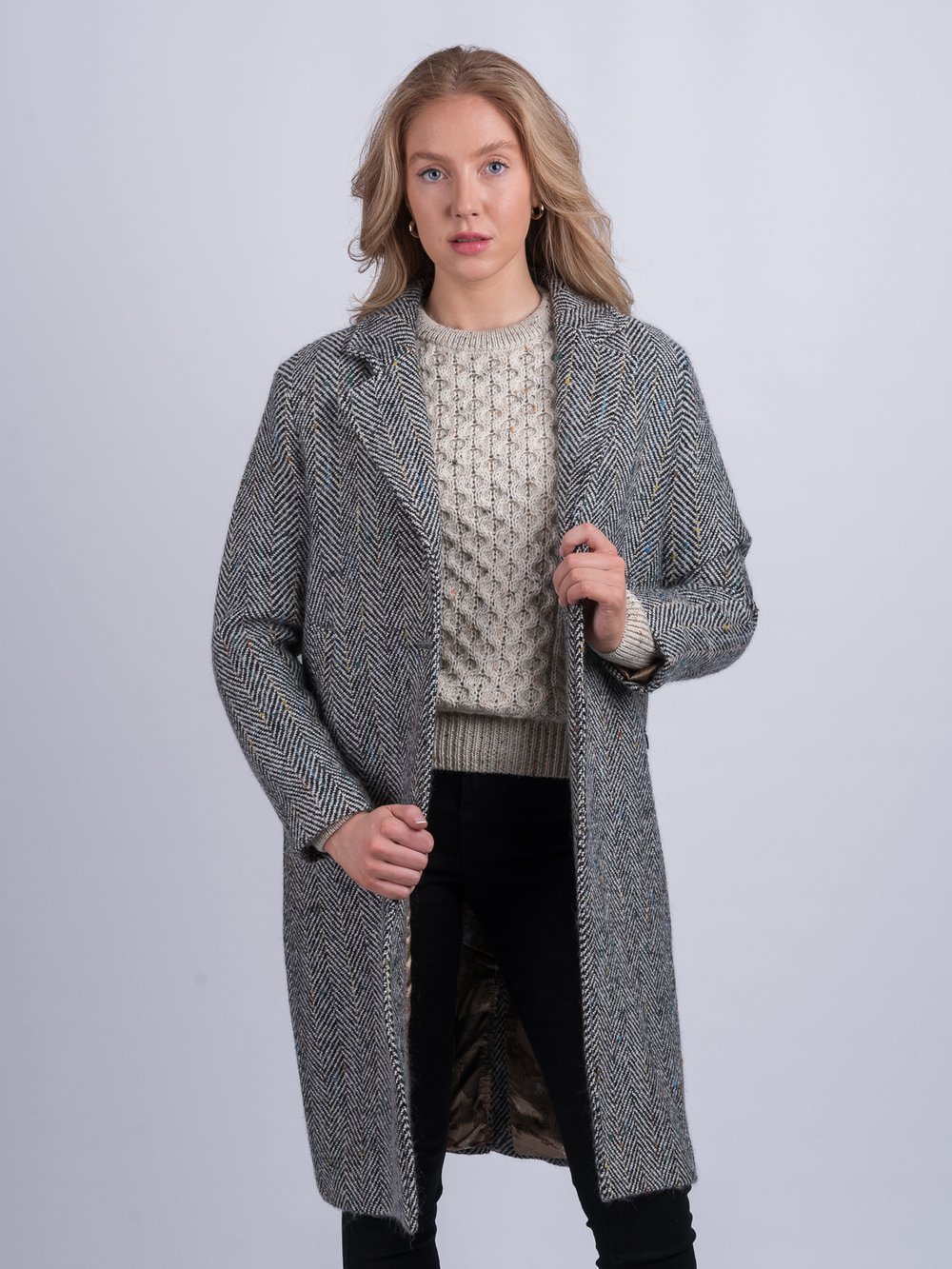 Black and White Herringbone City Coat