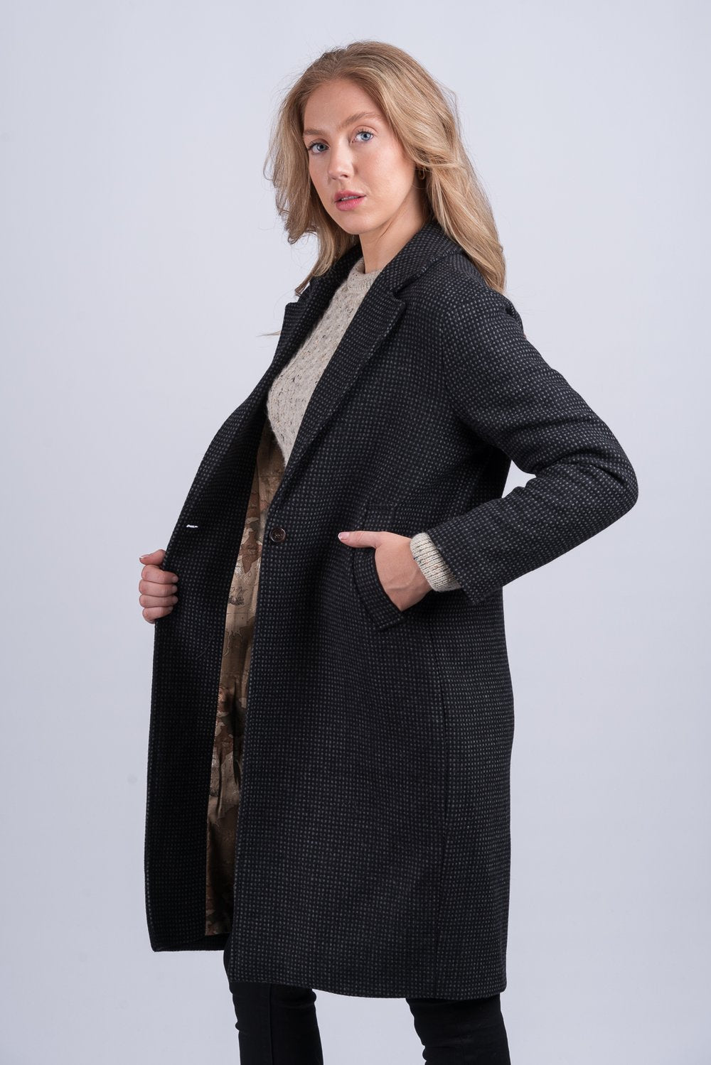 Black Check Tweed City Coat