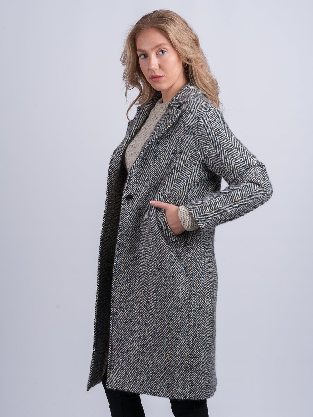 Black and White Herringbone City Coat