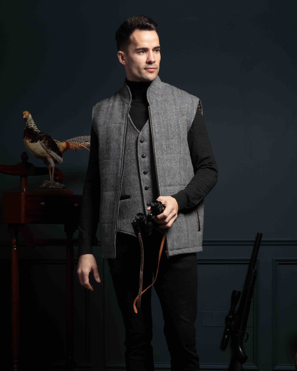 Grey Hunting Tweed Bodywarmer with Leather Trims