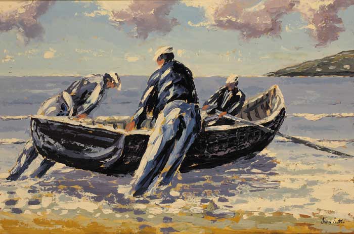 Aran Islands fishermen carrying fishing nets to a currach boat on the Atlantic coast.