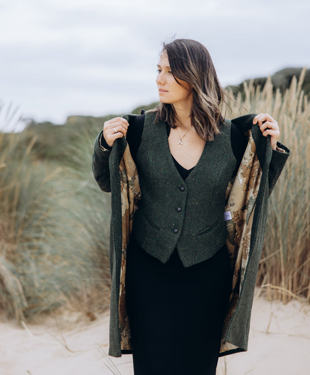 Green Herringbone Tweed Waistcoat - Luxury Women's Vest | Irish Tweed Celtic Tweed Green Herringbone Tweed Waistcoat - Luxury Women's Vest | Irish Tweed Celtic Tweed