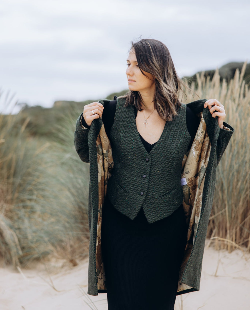 Green Herringbone City Coat