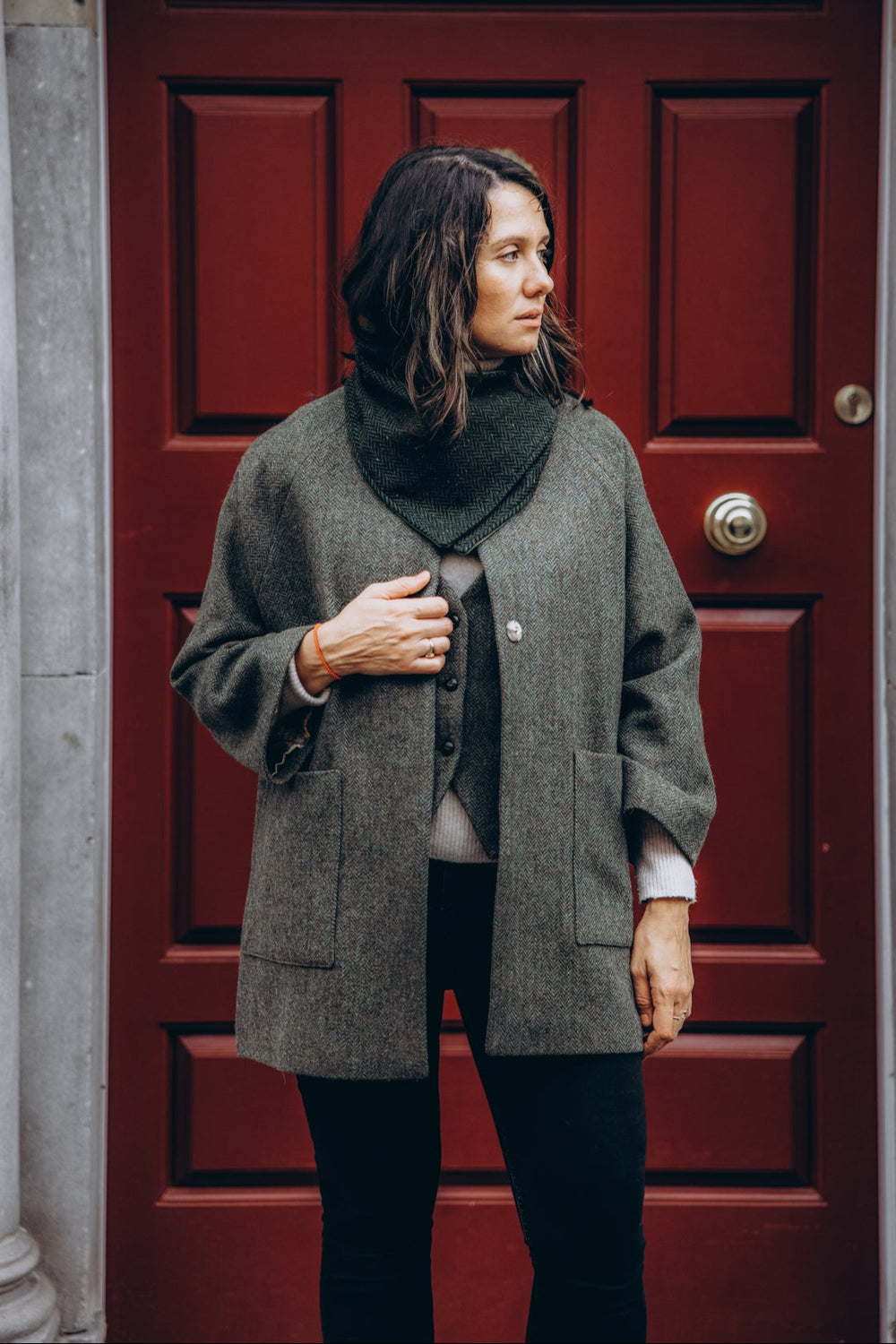 Women's Moss Green Tweed Cape Coat