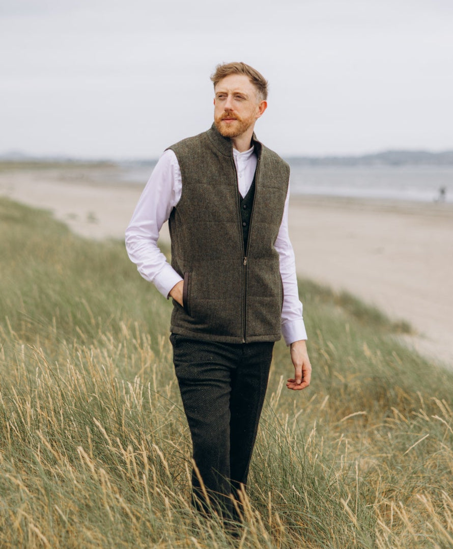 Moss Green Tweed Bodywarmer with Leather Trims