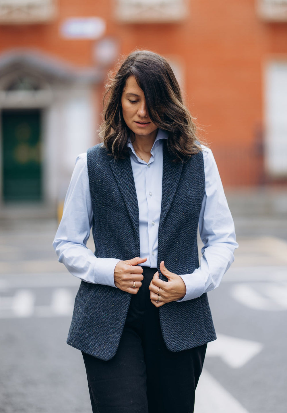 Women's Blue Herringbone Tweed  Gilet