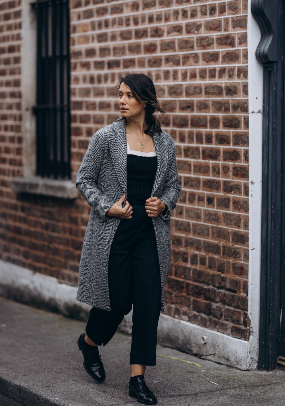 Black and White Herringbone City Coat
