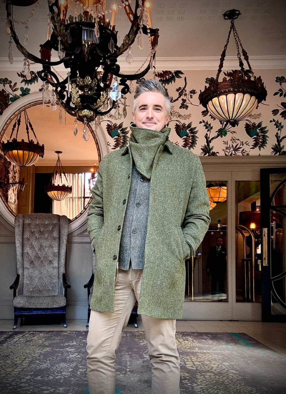 Moss Green Tweed Snood Scarf With Reversible Velvet