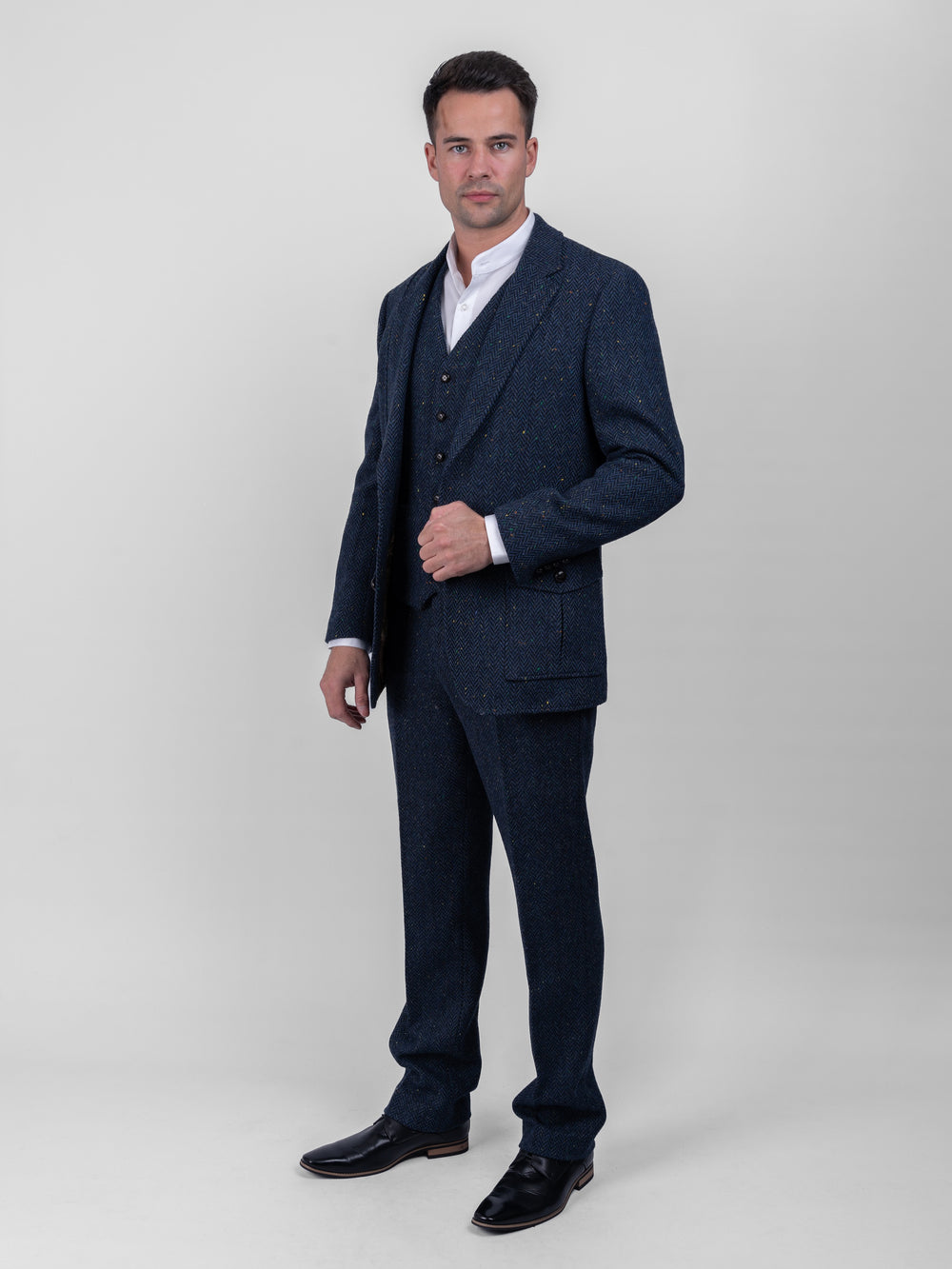 Blue Herringbone Tweed Three Piece Suit